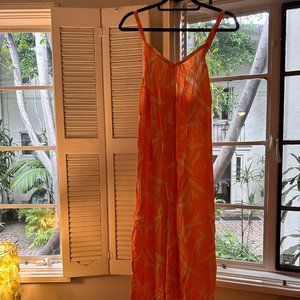 Tropical Floral Lace Trim Midi Dress - Orange Strap